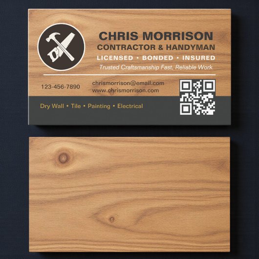 QR Code Wood Contractor Handyman Tools Logo 名刺