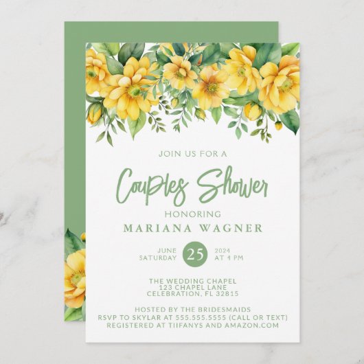 QR Code Yellow Sage Floral Couples Shower 招待状 (正面/裏面)