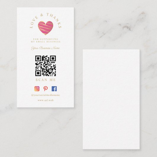 QR Hot Pink Heart Love & Thanks Supporting 名刺 (正面/裏面)