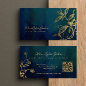 QR Luxury navy blue elegant faux gold foil foliage 名刺