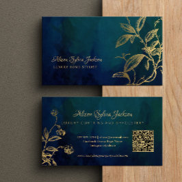 QR Luxury navy blue elegant faux gold foil foliage 名刺