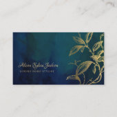 QR Luxury navy blue elegant faux gold foil foliage 名刺 (正面)