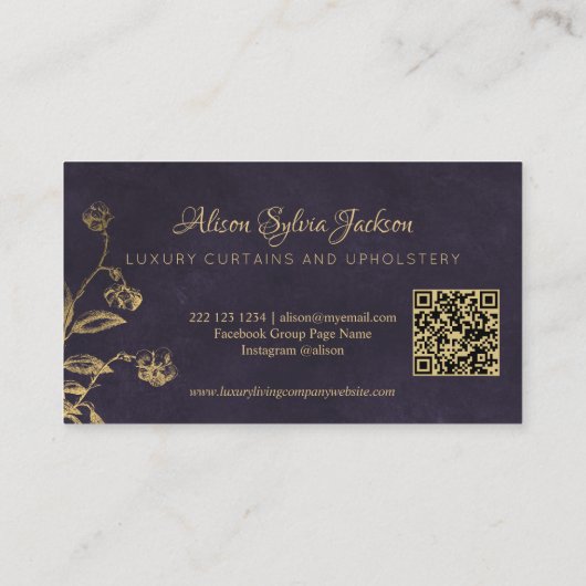 QR Luxury purple elegant faux gold foil foliage 名刺 (裏面)