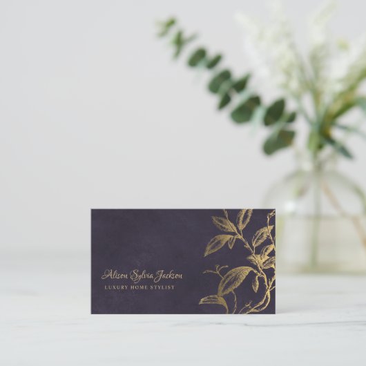 QR Luxury purple elegant faux gold foil foliage 名刺 (スタンド正面)
