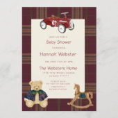QR Plaid Teddy Bear Toy Car Baby Shower Invitation 招待状 (正面)