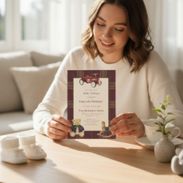 QR Plaid Teddy Bear Toy Car Baby Shower Invitation 招待状