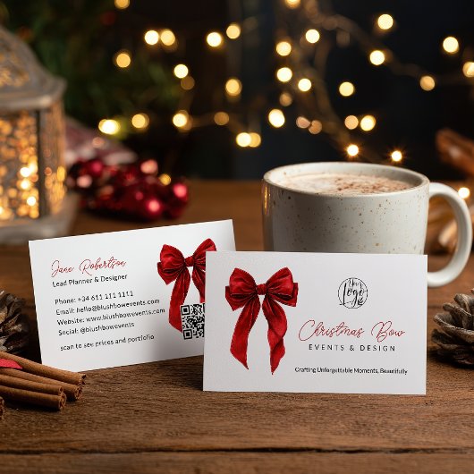 QR Red Coquette Bow Elegant Events Design  名刺