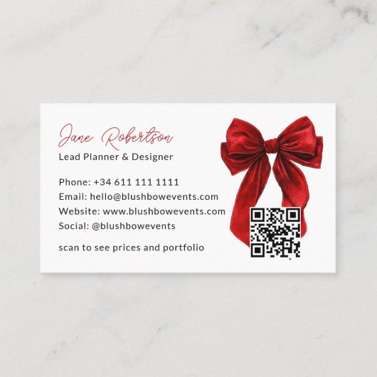 QR Red Coquette Bow Elegant Events Design  名刺 (裏面)