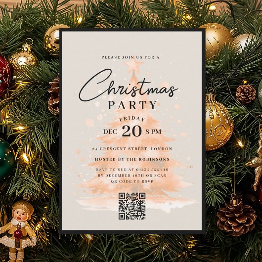 QR Rose Gold Christmas Tree Christmas Party 招待状