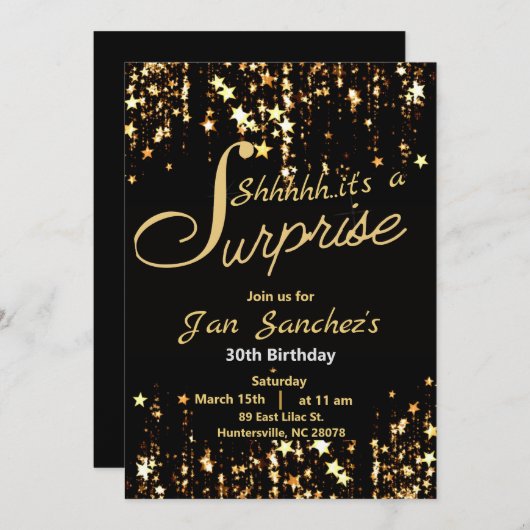 QR rsvpによる黒と金ゴールドの驚きの招待 招待状 (正面/裏面)