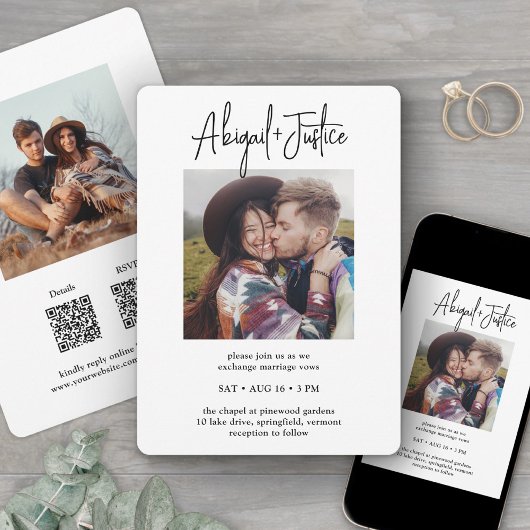 QR RSVPシックなミニマリストオールインワン2枚結婚写真 招待状