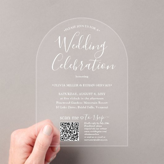 QR RSVPシンプルお祝い結婚アーチ アクリル招待状 (インサイチュ (ポータブル))