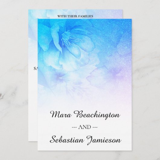 *~* QR RSVPフローラグリッターグラデーションアクアブ結婚ルー 招待状 (正面/裏面)