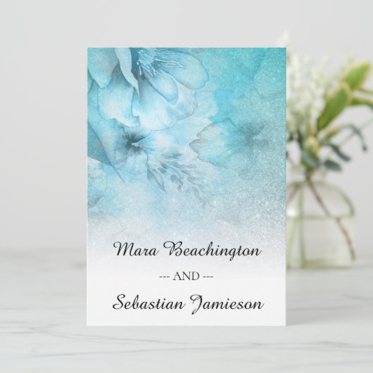 *~* QR RSVPフローラグリッターブルーティール(緑がかった色)結婚ズ 招待状 (スタンド正面)