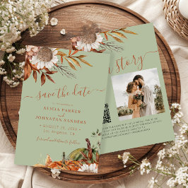 QR rustic modern sage green floral wedding セーブザデート