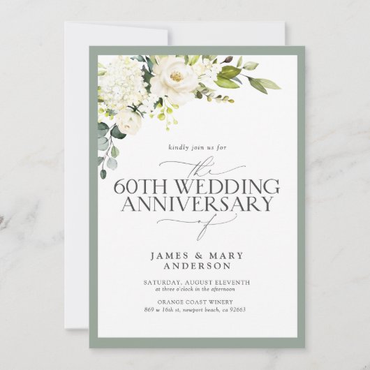 QR White Green Flowers 60th Wedding Anniversary 招待状 (正面)