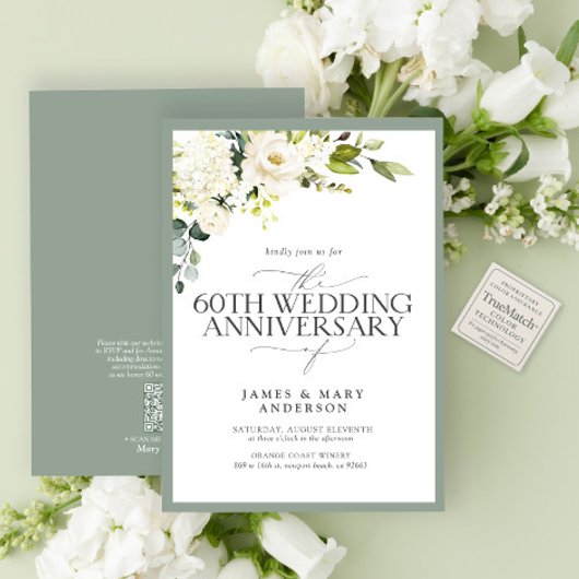 QR White Green Flowers 60th Wedding Anniversary 招待状