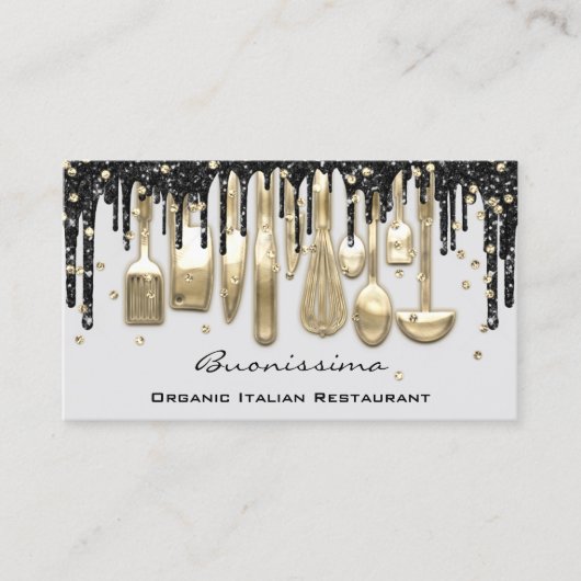 QRCodeシェフキッチンドリップスロゴナイフグレー金ゴールドグレー 名刺 (正面)