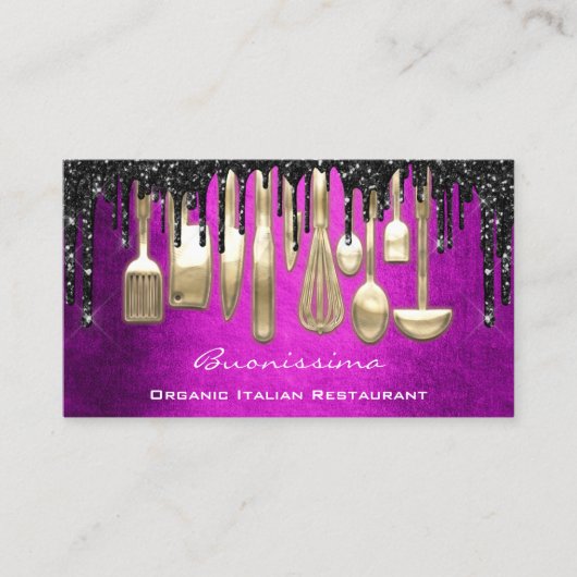 QRCodeシェフキッチンドリップスロゴナイフピンク金ゴールド 名刺 (正面)