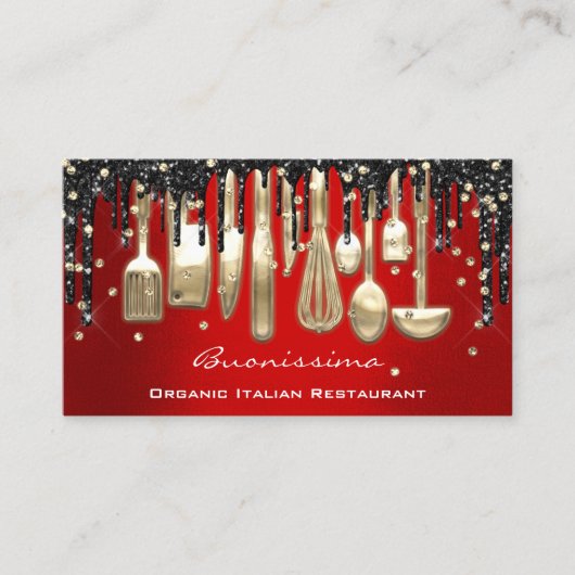 QRCodeシェフキッチンドリップスロゴナイフレッド金ゴールド 名刺 (正面)