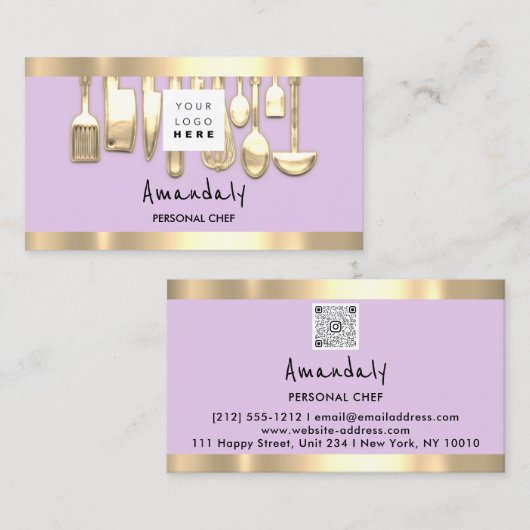 QRCodeパーソナルシェフ料理レストランフード薄紫 名刺 (正面/裏面)