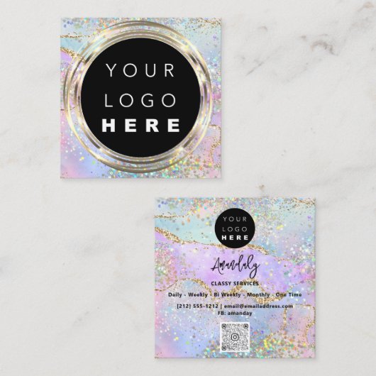 QRCodeロゴオンラインショップフレーム金ゴールドホログラフィック スクエア名刺 (正面/裏面)