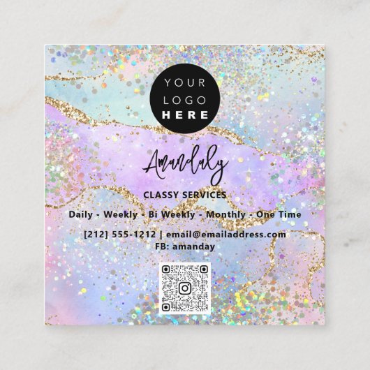 QRCodeロゴオンラインショップフレーム金ゴールドホログラフィック スクエア名刺 (裏面)