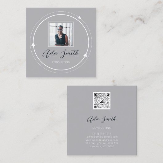 QRCodeロゴカスタムカスタムフォトサークルグレイ スクエア名刺 (正面/裏面)