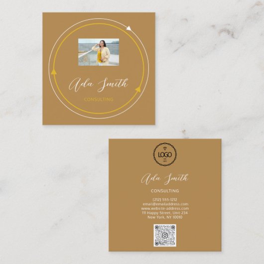 QRCodeロゴカスタムカスタムフォトマスタードイエロー スクエア名刺 (正面/裏面)