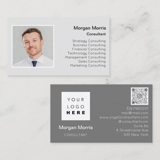 QRCodeロゴフォトプロフェッショナル会社グレー 名刺 (正面/裏面)