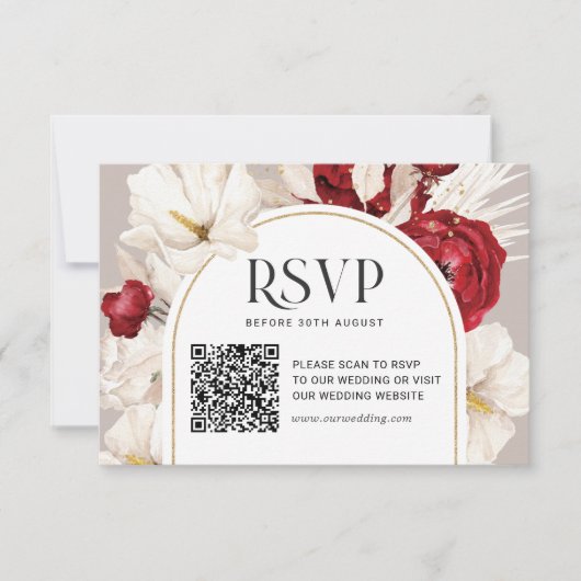 QRcode赤と白付きRubyフローラ結婚式RSVP 出欠カード (正面)