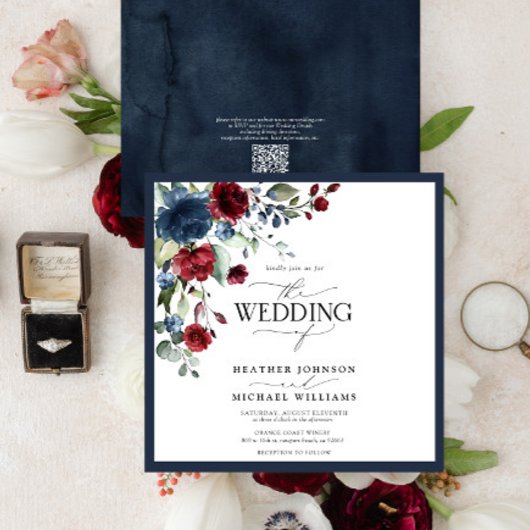 QRCode Navy Blue Burgundyフローラ水色スクリプト 招待状