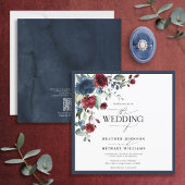 QRCode Navy Blue Burgundyフローラ水色スクリプト 招待状