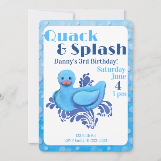 Quack and Splash ダックの3歳誕生日パーティー招待状 招待状 (正面)
