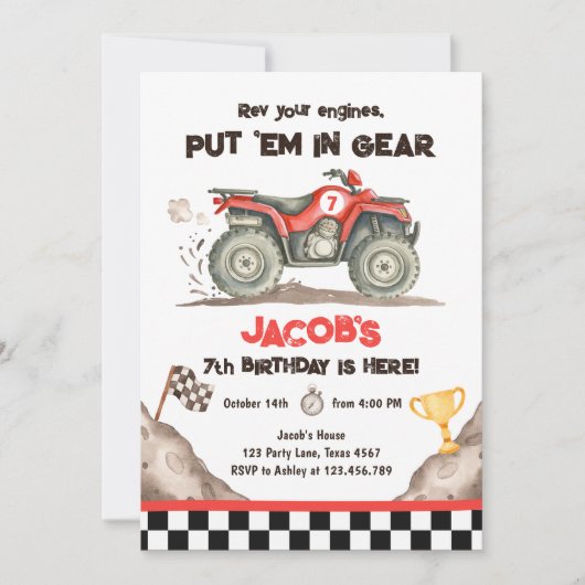 Quad ATV Dirt Track Off Road Racing Boy Birthday 招待状 (正面)
