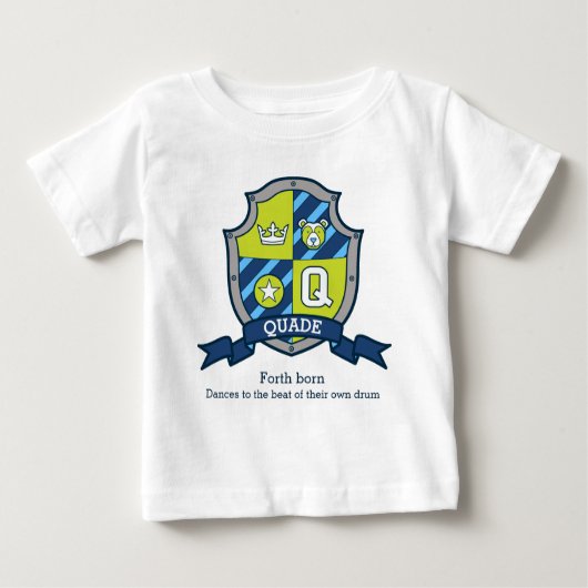 Quade boys Q name & meaning knights shield ベビーTシャツ (正面)
