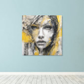 Quadro abstrato rosto de mulher amarelo e cinza キャンバスプリント (インサイチュ (ウッドフロア))