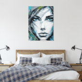 Quadro abstrato rosto de mulher azul, cinza, preto キャンバスプリント (インサイチュ (寝室))