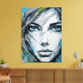 Quadro abstrato rosto de mulher azul, cinza, preto キャンバスプリント (インサイチュ (リビング))