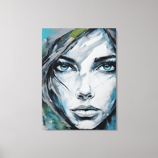 Quadro abstrato rosto de mulher azul, cinza, preto キャンバスプリント (正面)