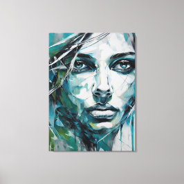 Quadro abstrato rosto de mulher azul, cinza, preto キャンバスプリント
