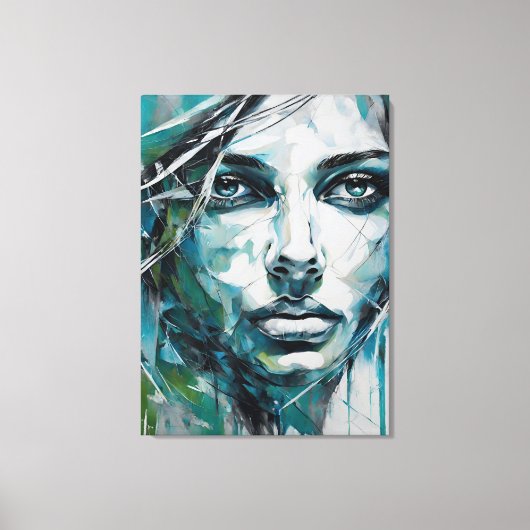 Quadro abstrato rosto de mulher azul, cinza, preto キャンバスプリント (正面)