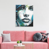 Quadro abstrato rosto de mulher azul, cinza, preto キャンバスプリント (インサイチュ (リビング))