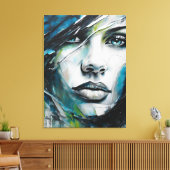 Quadro abstrato rosto de mulher azul, cinza, preto キャンバスプリント (インサイチュ (リビング))