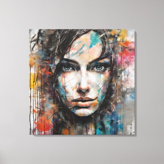 Quadro abstrato rosto de mulher azul, cinza, red キャンバスプリント (正面)