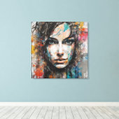 Quadro abstrato rosto de mulher azul, cinza, red キャンバスプリント (インサイチュ (ウッドフロア))