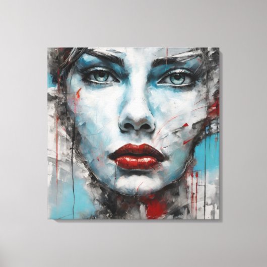 Quadro abstrato rosto de mulher azul, cinza, red キャンバスプリント (正面)