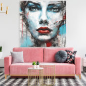 Quadro abstrato rosto de mulher azul, cinza, red キャンバスプリント (インサイチュ (リビング))