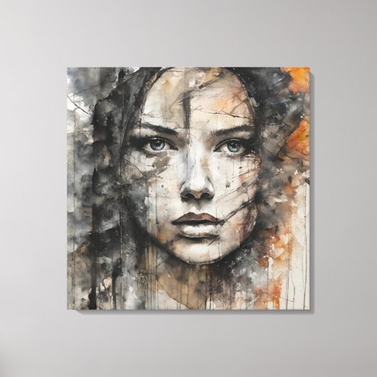 Quadro abstrato rosto de mulher marrom e branco キャンバスプリント (正面)