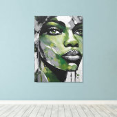 Quadro abstrato rosto de mulher verde cinza, preto キャンバスプリント (インサイチュ (ウッドフロア))